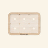 Fat Brain Toys PlayTab Modular Activity Board shown empty, featuring a wooden tablet base with six magnetic tile spaces and rounded corners.