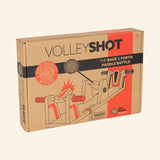 Fat Brain Toys VolleyShot Game retail box shown from an angle, featuring the wooden tabletop game artwork, paddle battle callout, and compact boxed packaging.