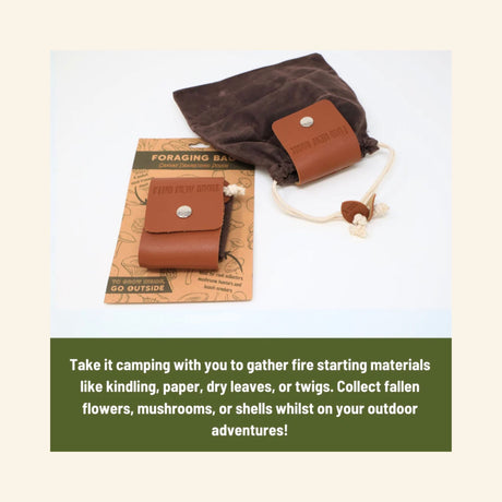 Find New Roots Foraging Bag displayed open next to its product card, with text explaining it can be used while camping to collect kindling, paper, dry leaves, twigs, flowers, mushrooms, or shells.