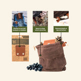 Find New Roots Foraging Bag feature graphic showing how the compact pouch attaches to a belt or backpack, opens into a waxed-canvas bag, and closes with reinforced details and a drawstring.