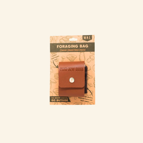 Find New Roots Foraging Bag shown folded flat on its product card, with the leather-style front flap and metal snap visible in the compact closed position.