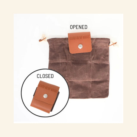 Find New Roots Foraging Bag shown in both open and closed positions, with the open brown waxed-canvas pouch expanded and the compact folded pouch shown beside it.
