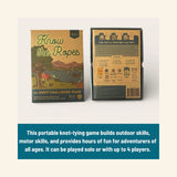 Front and back of the Find New Roots Know the Ropes game box, with text explaining that the portable knot-tying game builds outdoor skills and can be played solo or with up to four players.