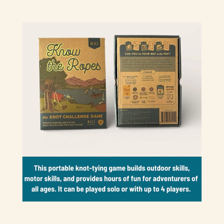 Front and back of the Find New Roots Know the Ropes game box, with text explaining that the portable knot-tying game builds outdoor skills and can be played solo or with up to four players.