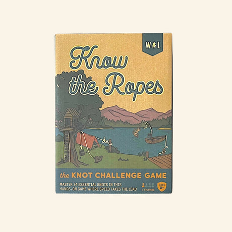 Find New Roots Know the Ropes game box showing an illustrated outdoor camping and lake scene with the title “Know the Ropes” and “The Knot Challenge Game” on the front.