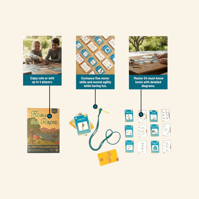 Find New Roots Know the Ropes feature graphic showing kids playing, knot cards, ropes, dowels, and callouts for solo play, fine motor skills, and learning 24 must-know knots.