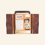 Back of the Fizz Creations Solve the Case suitcase-style box showing gameplay details, sample case cards, clue graphics, and product information.