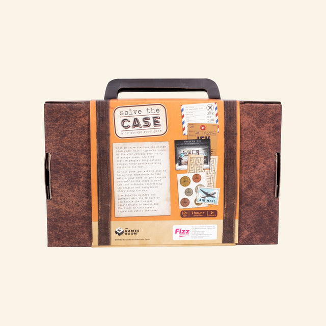 Back of the Fizz Creations Solve the Case suitcase-style box showing gameplay details, sample case cards, clue graphics, and product information.