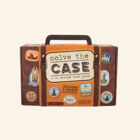 Fizz Creations Solve the Case game shown in suitcase-style packaging with travel sticker graphics, mystery case artwork, and callouts for 5 unique plays.