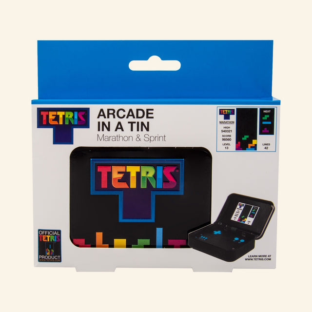 Fizz Creations Tetris Arcade in a Tin shown in retail packaging with the black Tetris tin, open handheld arcade screen, colorful Tetris logo, and Marathon and Sprint play mode callout.