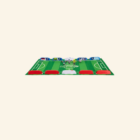 Assembled Foosbots Rivals Cup felt soccer field with barriers and built-in score sliders ready for tabletop play.