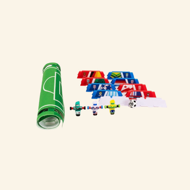 Foosbots Rivals Cup game components including three Foosbots, fabric playing field, field barriers, and a mini soccer ball.