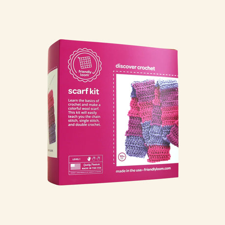 Friendly Loom Discover Crochet Scarf Kit – Berry beginner craft kit with colorful yarn and instructions for making a pink and purple crochet scarf.