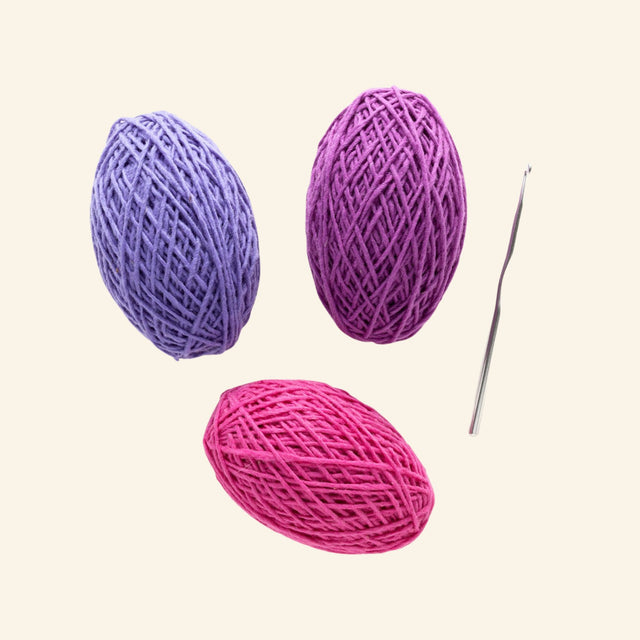 Contents of the Friendly Loom Discover Crochet Scarf Kit including three skeins of berry-colored yarn and a crochet hook.