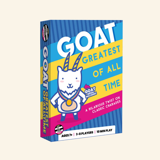 GOAT: Greatest of All Time card game featuring a cartoon goat wearing a championship medal, designed as a hilarious twist on classic charades for ages 7 and up.