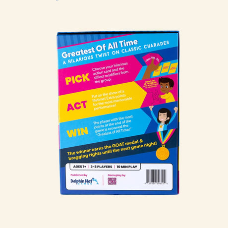 Back of GOAT: Greatest of All Time card game showing gameplay instructions, player count, play time, and how action cards and modifiers create hilarious charades challenges.