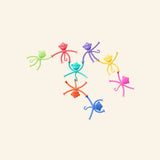 Six colorful HangaTangs monkey-shaped silicone teethers with suction cup hands and feet for sensory play and teething.