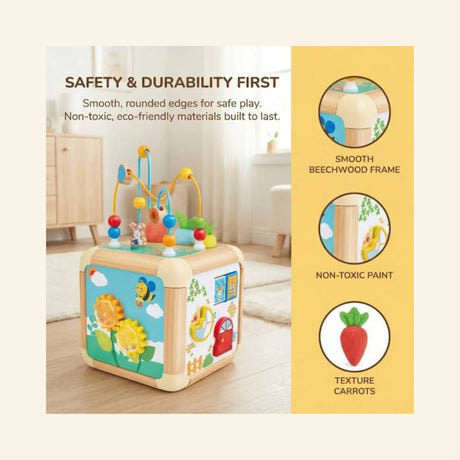 Hape Green Thumbs Activity Cube safety and durability graphic showing the wooden activity cube, smooth beechwood frame, non-toxic paint callouts, and textured carrot pieces.