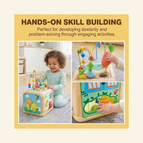 Hape Green Thumbs Activity Cube skill-building graphic showing toddlers playing with the wooden activity cube, bead maze, sensory carrots, side doors, and garden-themed activity panels.