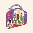 Hape Lock & Learn Playboard shown in retail packaging with colorful wooden doors, locks, latches, keys, clock, handle, light feature callout, and child play photo on the box.