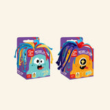 Hape Noisy Alien toys shown in retail packaging with teal and orange alien characters, colorful rope hair, playful monster faces, and age 3–8 guidance.