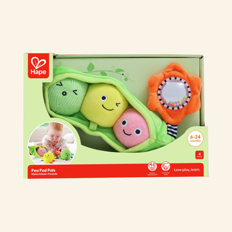 Hape Pea Pod Pals shown in front-facing retail packaging with a green plush pea pod, three smiling plush peas, orange rattling flower, baby play photo, and age 6–24 months guidance.