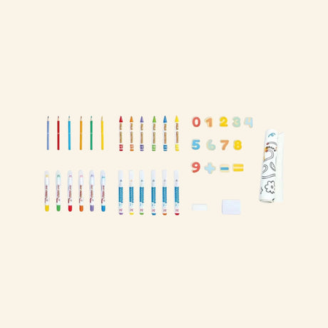 Hape Portable Art & Learn Set contents laid out in rows, showing colored pencils, crayons, washable markers, magnetic numbers, eraser, paper roll, and creative accessories included in the set.