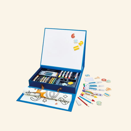 Hape Portable Art & Learn Set opened as a blue carrying case with built-in easel, whiteboard, art supplies, magnetic numbers, markers, pencils, crayons, and activity roll pieces arranged around it.