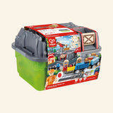 Hape Railway Bucket Builder Set shown packed in its green storage bucket with gray lid, colorful product label, railway pieces visible on the outside, and carry-ready bucket design.