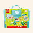 Hape Super Smile Dental Clinic Set shown in front-facing retail packaging with a turquoise carrying case, mouth model, toothbrush, dental tools, activity cards, and age 3+ guidance.