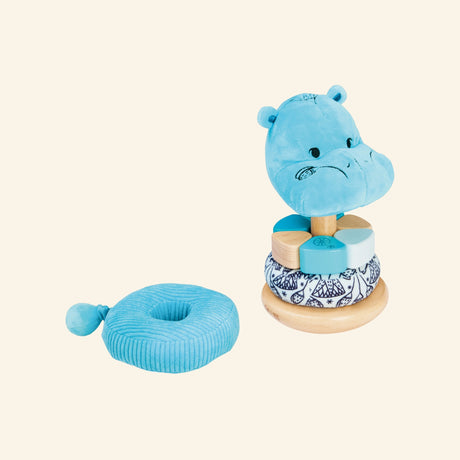 Hape The Met Collection William Stacker shown partially unstacked, with the blue hippo topper, patterned stacking rings, wooden base, and soft blue ring displayed separately.