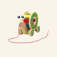 Hape Walk-A-Long Snail shown from the front with a wooden snail body, red pull string, colorful rolling shell, green wheels, and friendly eye stalks.