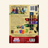 Back of the Happy Camper The Four Doors Game box showing gameplay overview, contents list, colorful components, ages 10+, 1–5 players, and 30-minute play time.
