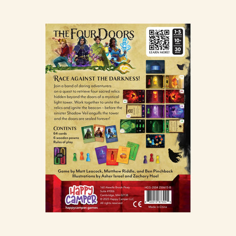 Back of the Happy Camper The Four Doors Game box showing gameplay overview, contents list, colorful components, ages 10+, 1–5 players, and 30-minute play time.