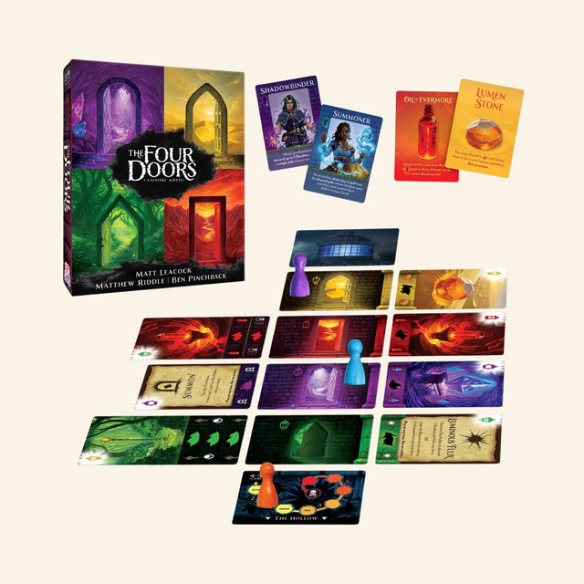 Happy Camper The Four Doors Game contents shown with retail box, illustrated cards, colorful game boards, pawns, dice, and fantasy adventure components.