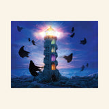 Happy Camper The Four Doors Game fantasy illustration showing a mystical light tower glowing with colorful doorways while dark shadow shapes fly around it.