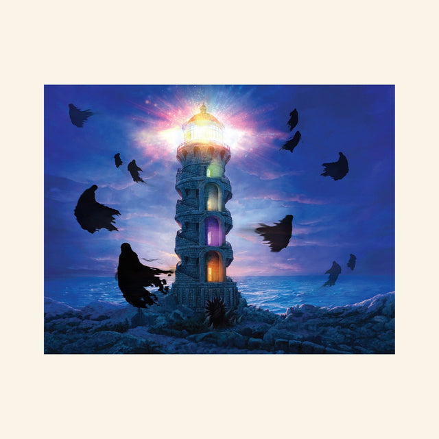 Happy Camper The Four Doors Game fantasy illustration showing a mystical light tower glowing with colorful doorways while dark shadow shapes fly around it.