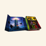 Happy Camper The Four Doors Game box shown partially open with a dramatic tower illustration and colorful door-themed game components inside.