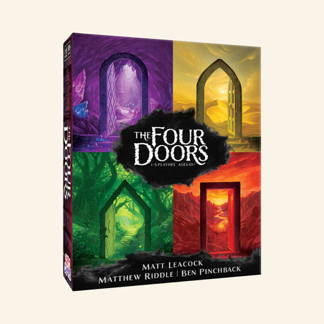 Happy Camper The Four Doors Game retail box showing four colorful mystical doors in purple, yellow, green, and red with fantasy artwork and title logo.