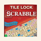 Hasbro Tile Lock Scrabble retail box front showing the red Scrabble packaging, tile-lock gameboard artwork, letter tiles, and callout that the board keeps tiles in place.