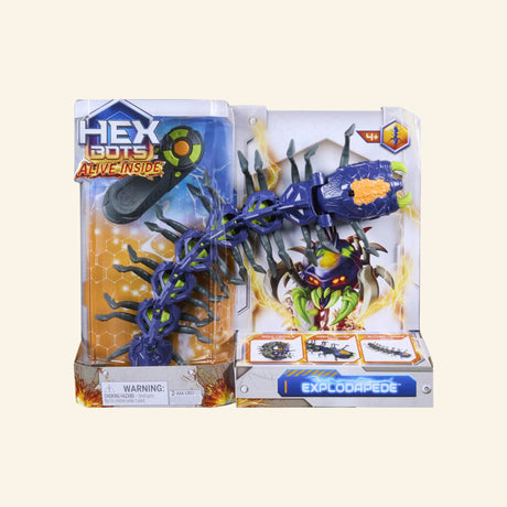 HEX BOTS Explodapede remote control robotic centipede in retail packaging with transforming crawling bug toy.