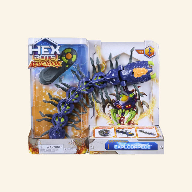 HEX BOTS Explodapede remote control robotic centipede in retail packaging with transforming crawling bug toy.