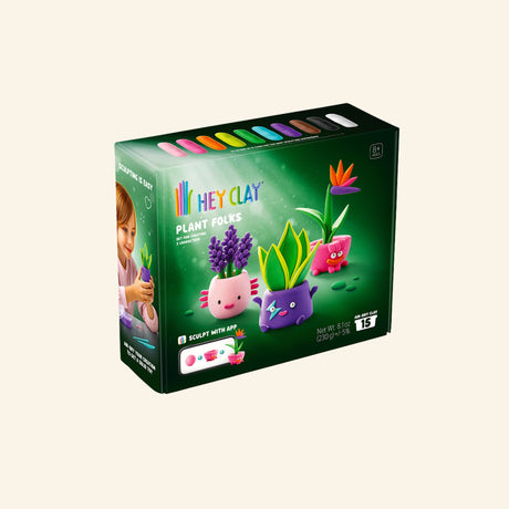 Hey Clay Plant Folks modeling clay kit with 15 colorful clay cans, sculpting tools, and interactive app for creating potted plant characters.