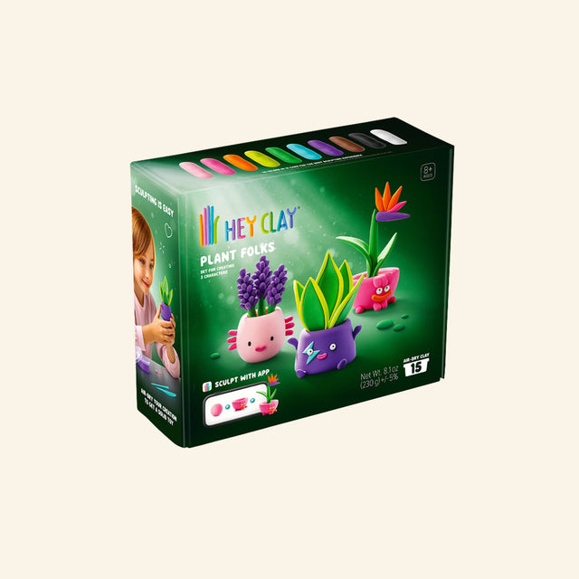 Hey Clay Plant Folks modeling clay kit with 15 colorful clay cans, sculpting tools, and interactive app for creating potted plant characters.