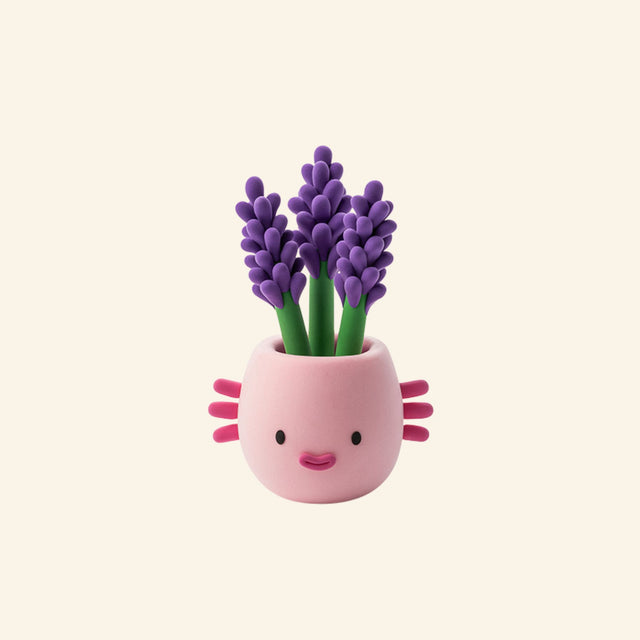 Hey Clay salvia plant character sculpture with purple flowers in a smiling pink flower pot.
