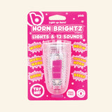 Horn Brightz Pink LED bike horn with color-changing lights, 12 fun sounds, mounting strap, and batteries included.