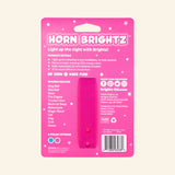 Back of Horn Brightz Pink LED bike horn packaging showing product features, included sounds, and installation details.