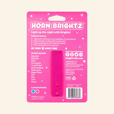 Back of Horn Brightz Pink LED bike horn packaging showing product features, included sounds, and installation details.