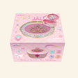 Hot Focus Musical Jewelry Box with Figurine – Princess shown in pink retail packaging with crown artwork, princess-themed graphics, open jewelry box illustration, mirror, dancing figurine, and age 5+ guidance.