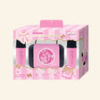Hot Focus Wireless Karaoke Friends – Bowtiful retail box showing a pink LED speaker with bow and cherry artwork, two pink mini microphones, bow-themed packaging, and icons for lyrics eliminator, dancing lights, HiFi speaker, and magic sounds.